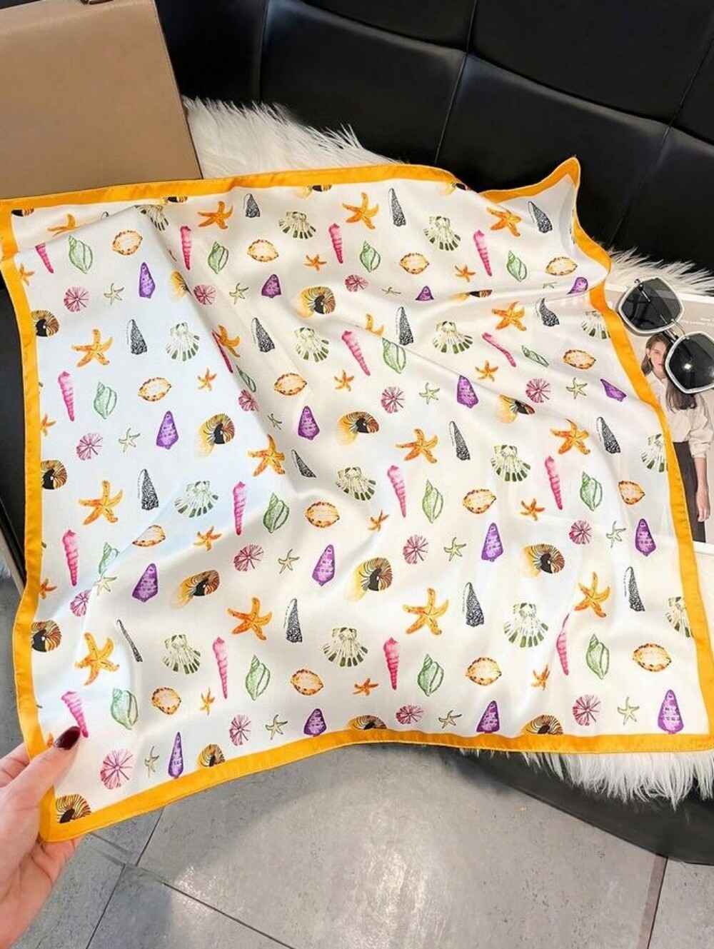 Silk -feel Yellow-Shell Print Women's Scarf Head Scarf, Neck Scarf 70×70cm